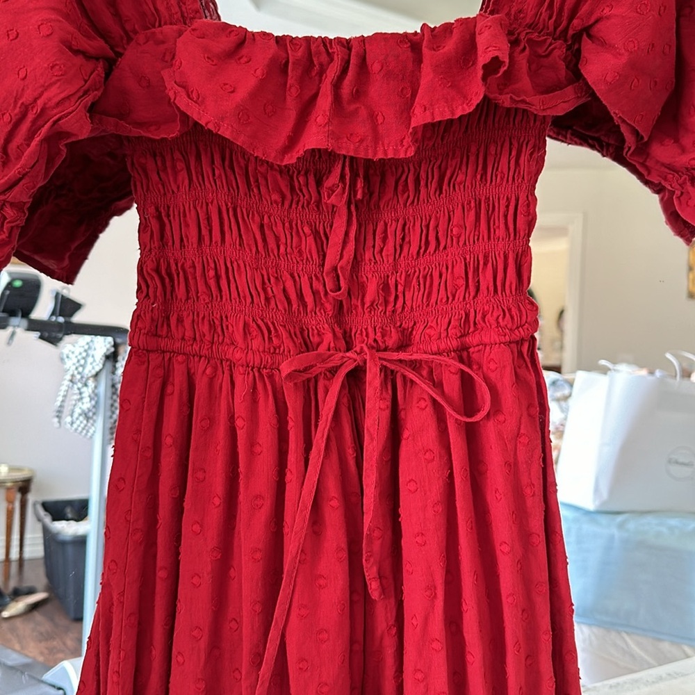 Cranberry colored off the shoulder Swiss dot dress size small - Picture 2 of 5